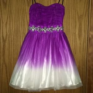Purple and white strapless dress
